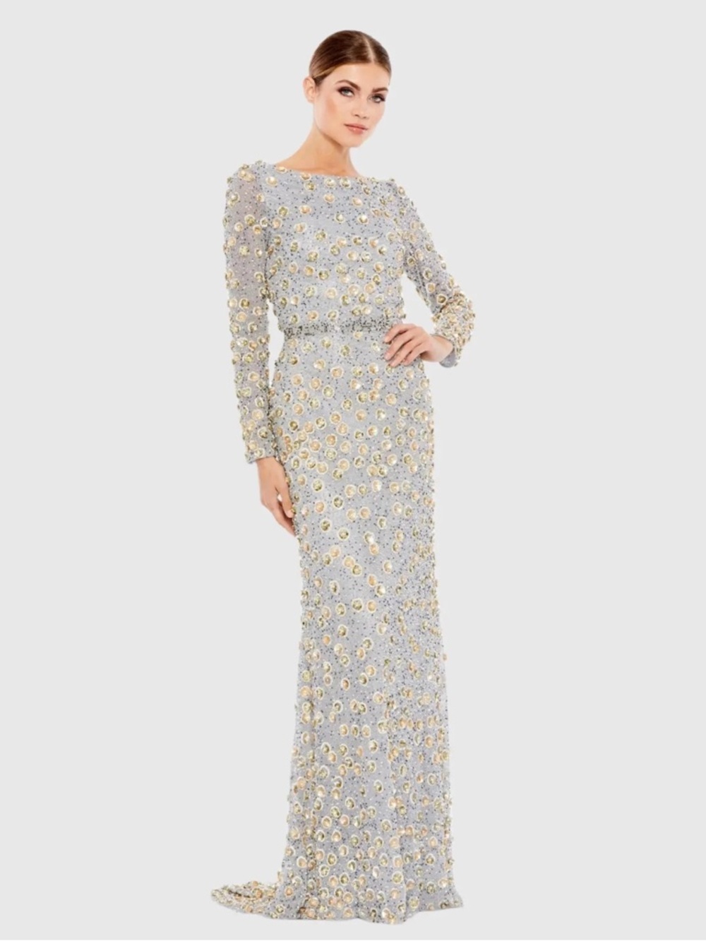 Mac Duggal 5437 Silver Embellished Long Sleeve High Neck Gown Size 8 NWT